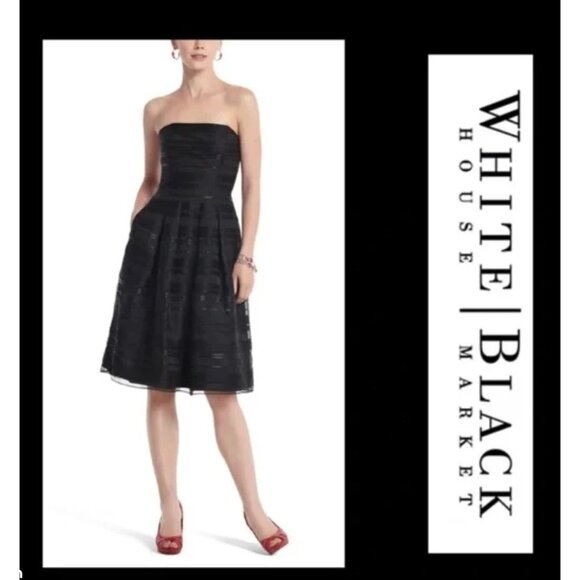 White House Black Market Ribbon Stripe Strapless Black Cocktail Dress Sz 8 EUC - Picture 5 of 11